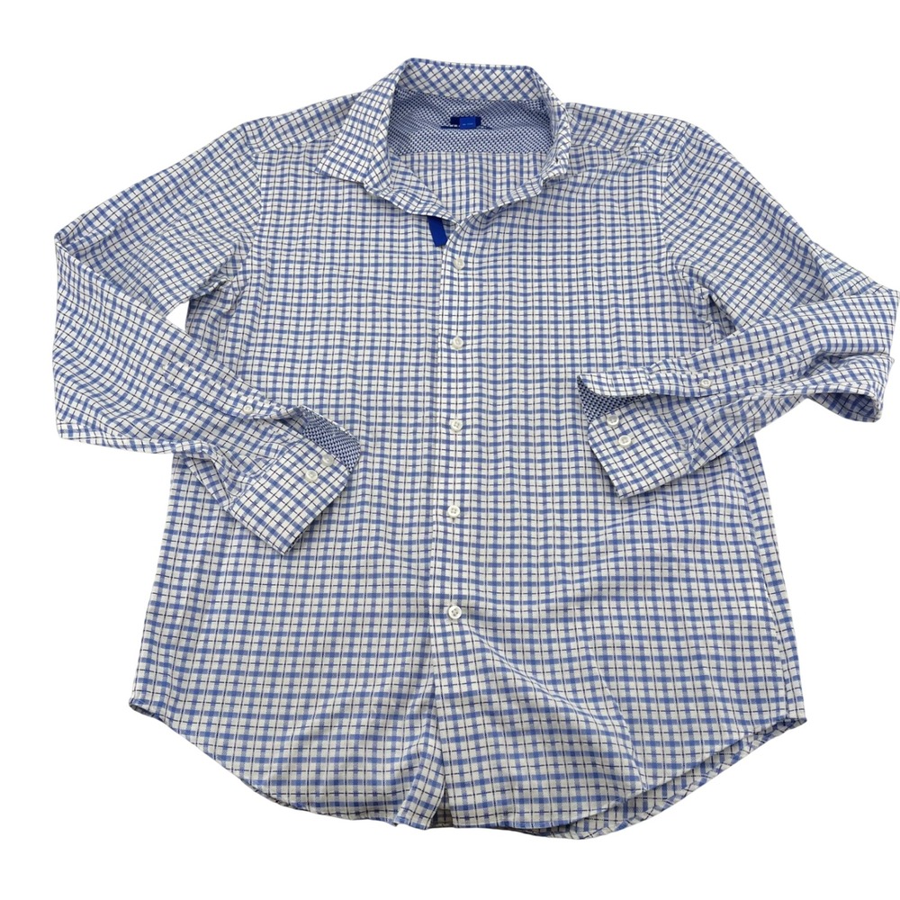 Egara Mens Blue White Check Non-Iron 80s 2-Ply Cotton Button Down Shirt Large
